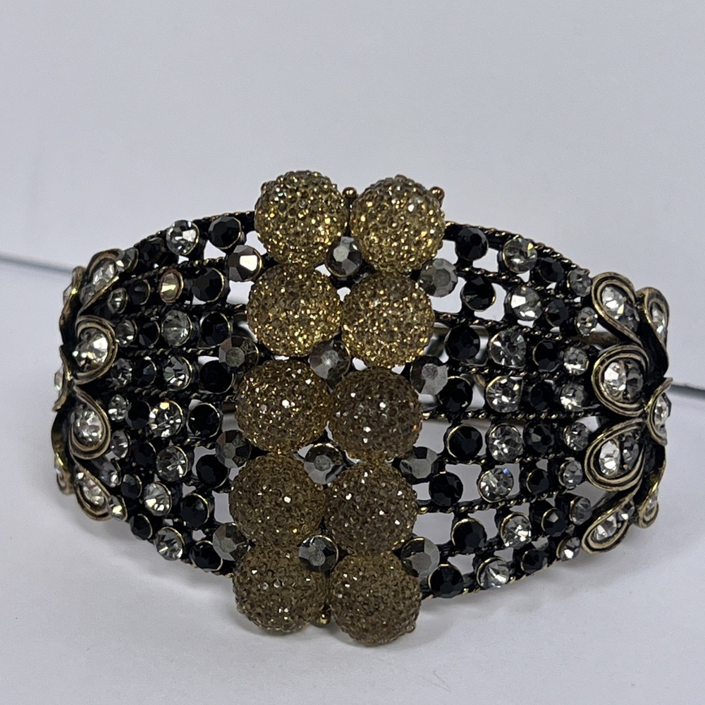 VTG Wide Hinged Rhinestone Cuff Bracelet Black Gold Crystal Statement 2"